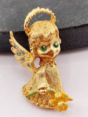 MYLU Vintage gold tone metal dimensional angel holding a tulip brooch cute pin